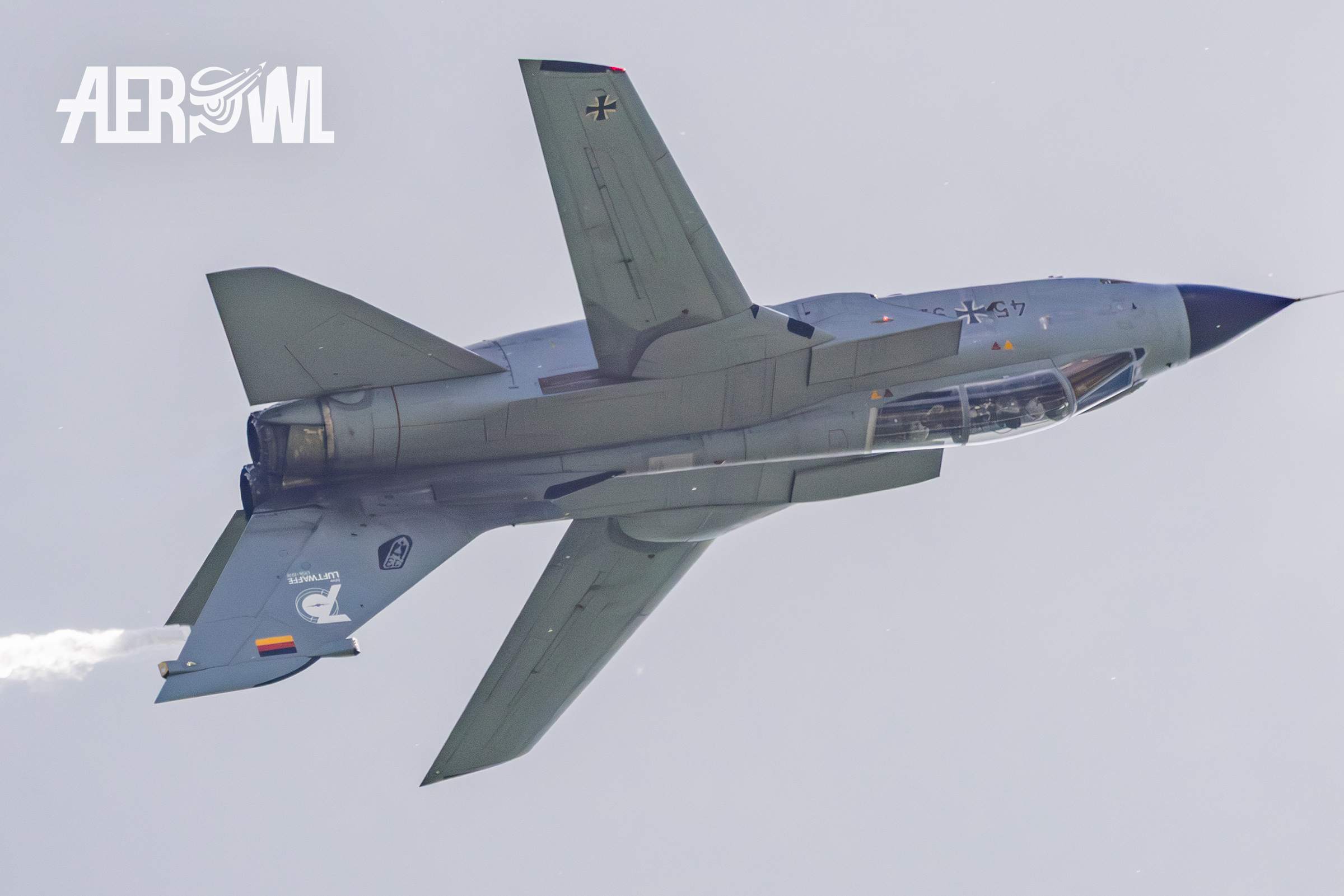 A Tornado IDS performing a spinning maneuver for the audience at the Tag der Bundeswehr 2026 over Fliegerhorst Laage in Germany.