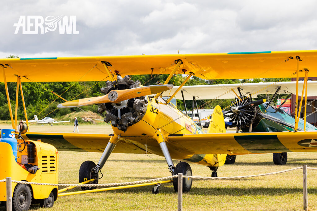 Static display of the yellow painted Boeing Stearman N2S-3 “N3972U” at the Bienenfarm in Brandenburg as part of the “Stearman & Friends 2026” event.