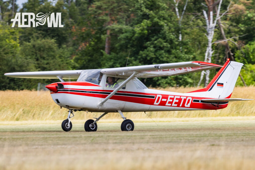 A 1969 Cessna F150J with a classic paint job taxis off the runway after landing at the Bienenfarm in Brandenburg during the Stearman and Friends 2026 event.