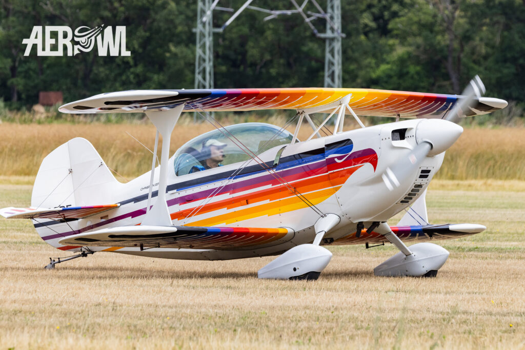 Immediately after landing during the “Stearman & Friends 2026” event at the Bienenfarm in Brandenburg, a Christen Eagle II taxis to its parking spot.
