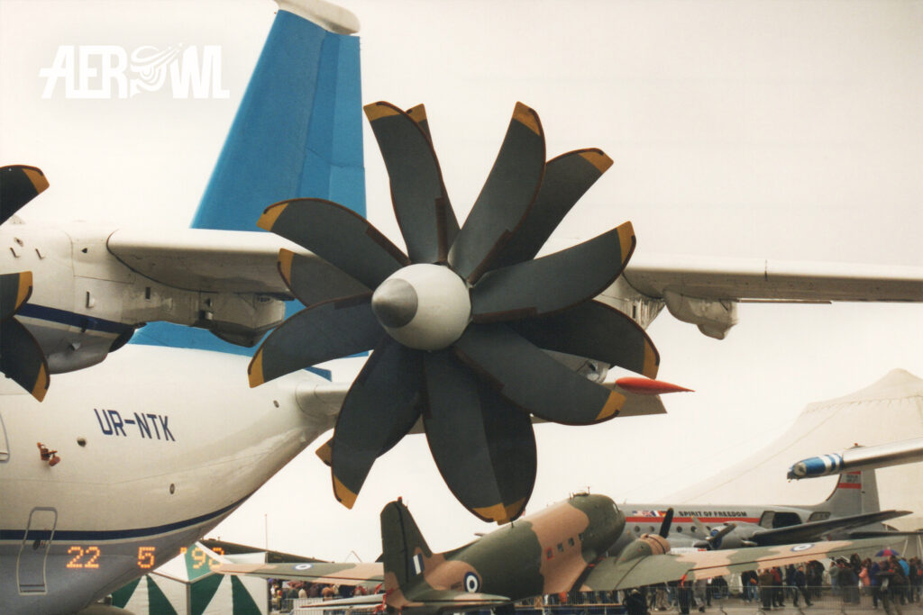 The impressive turboprop engines of an Antonov An-70 on static display at ILA 1998 in Berlin-Schönefeld.