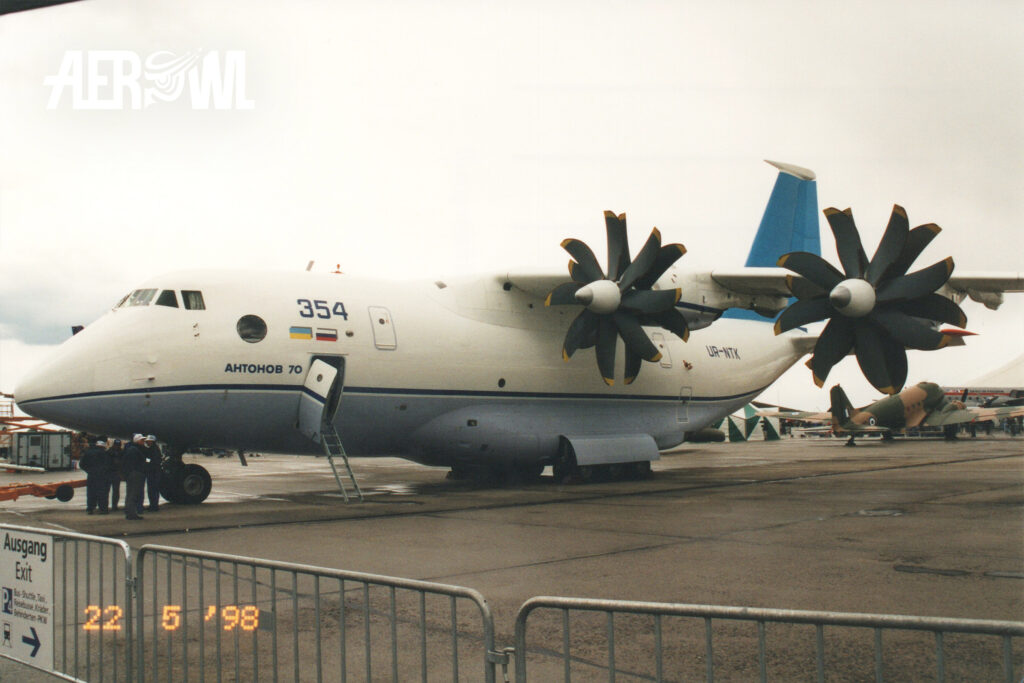 The Antonov An-70 with its powerful turboprop engines on static display during ILA 1998 in Berlin-Schönefeld.