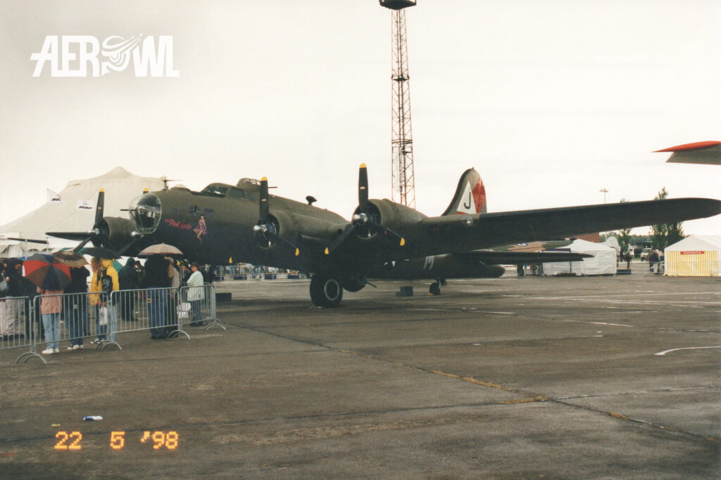 The mighty Boeing B-17G “The Pink Lady” on a rain-soaked static display during ILA 1998 in Berlin-Schönefeld