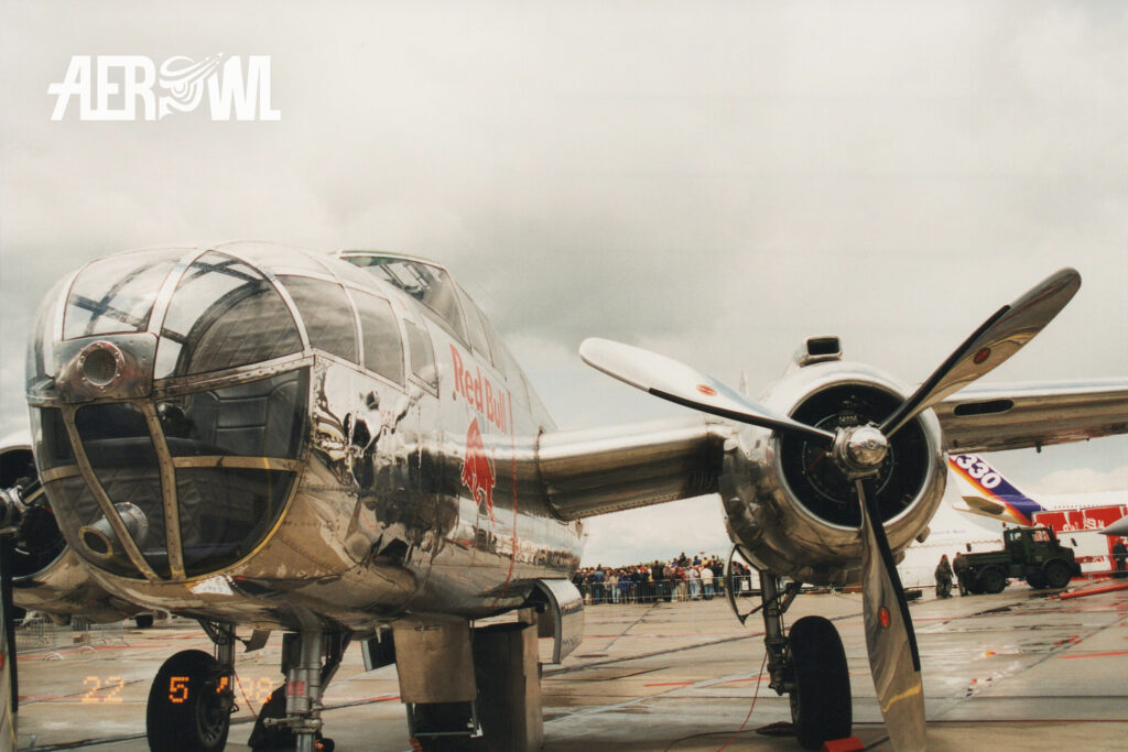 The parked Flying Bulls North American B-25J “Mitchell” at ILA 1998 in Berlin-Schönefeld.
