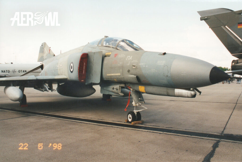 The nose of a McDonnell Douglas F-4E Phantom II of the Hellenic Air Force, featuring its 20 mm M61 Vulcan Gatling gun, during ILA 1998 in Berlin-Schönefeld.