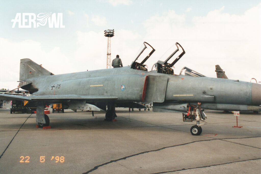 McDonnell Douglas F-4F Phantom II 37+75 of the German Air Force with its canopies open on static display during ILA 1998 in Berlin-Schönefeld.