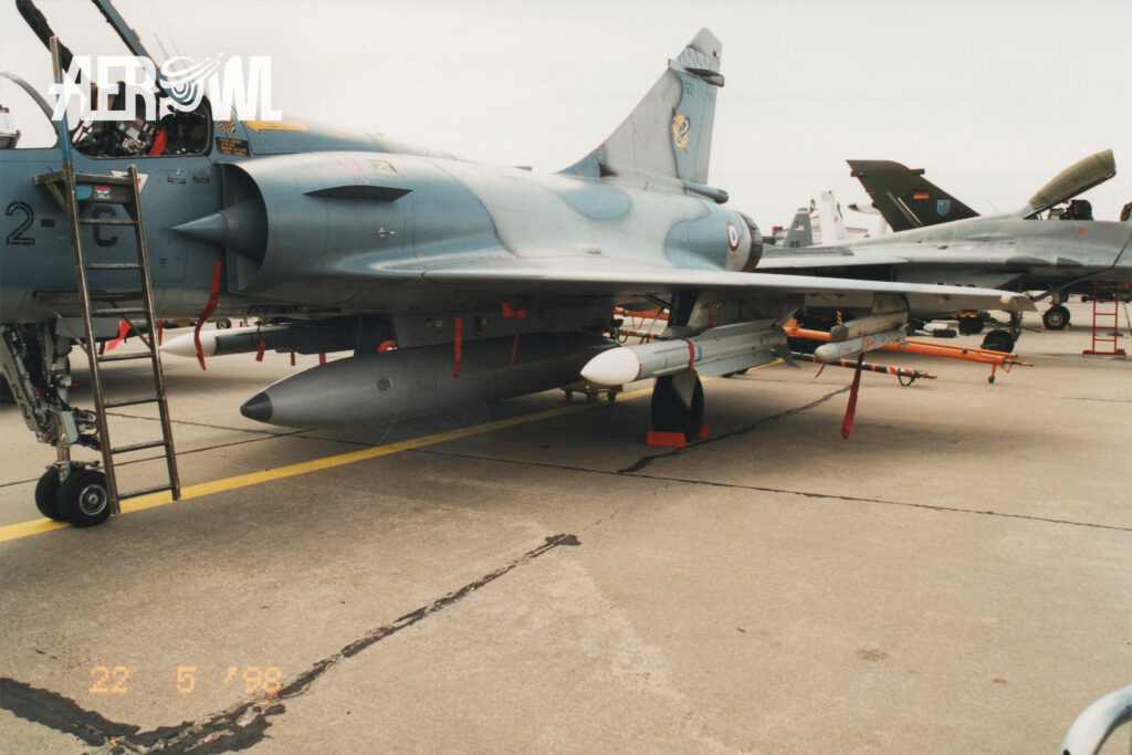 A fully armed Mirage 2000 (fitted with inert training missiles) during the static display at ILA 1998 in Berlin-Schönefeld.