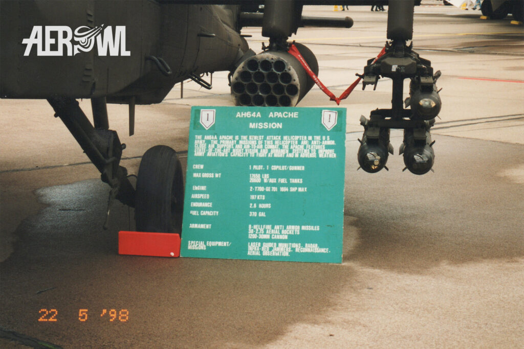 Hellfire missles and 70 mm Hydra rockets of an AH-64A Apache on static display during ILA 1998 in Berlin-Schönefeld.