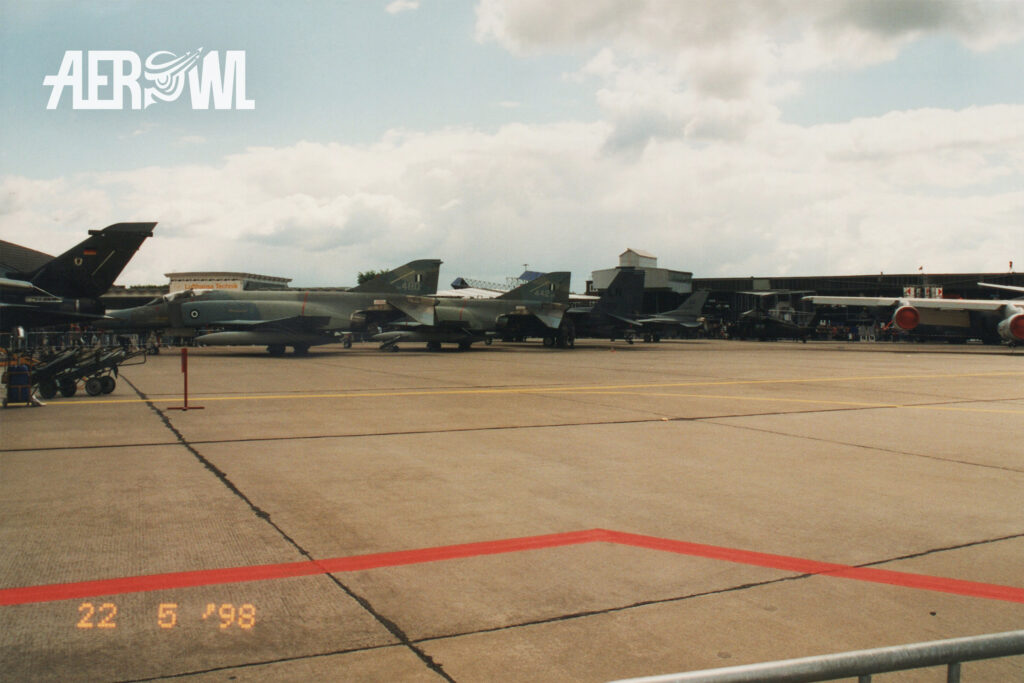Parked jets (Tornado, F-4 Phantom, F-15 Eagle, F-16 Fighting Falcon) during the ILA 1998 in Berlin-Schönefeld.