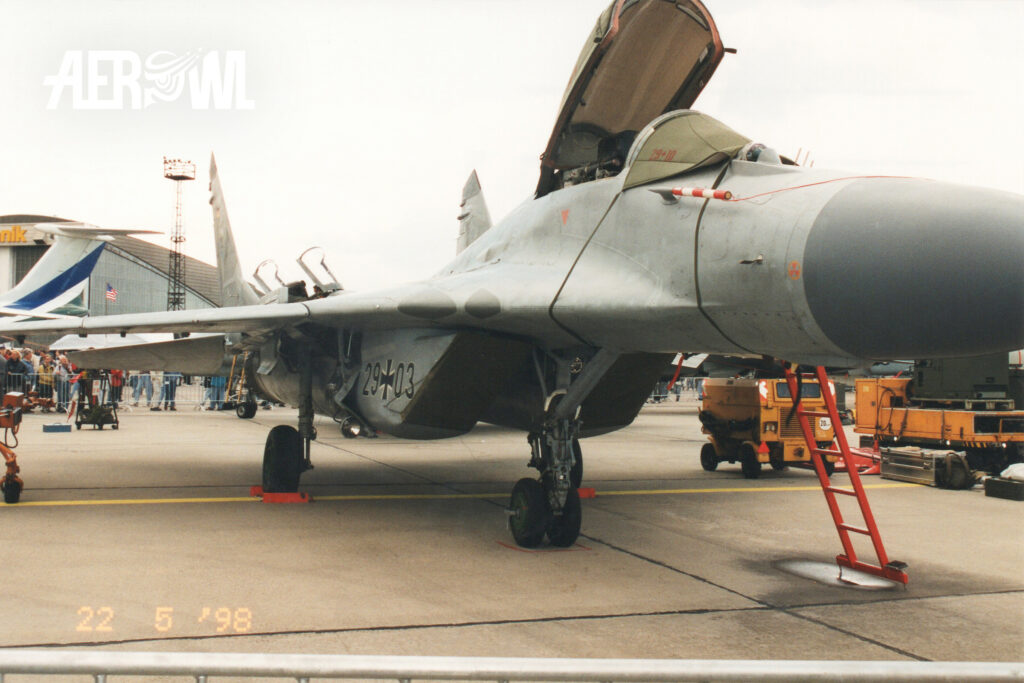 A classically painted MiG-29UB 29+03 of the German Air Force on static display at ILA 1998 in Berlin-Schönefeld.