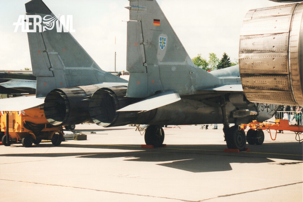 The rear fuselage and engine nozzles of a German Air Force MiG-29UB on static display during ILA 1998 in Berlin-Schönefeld.