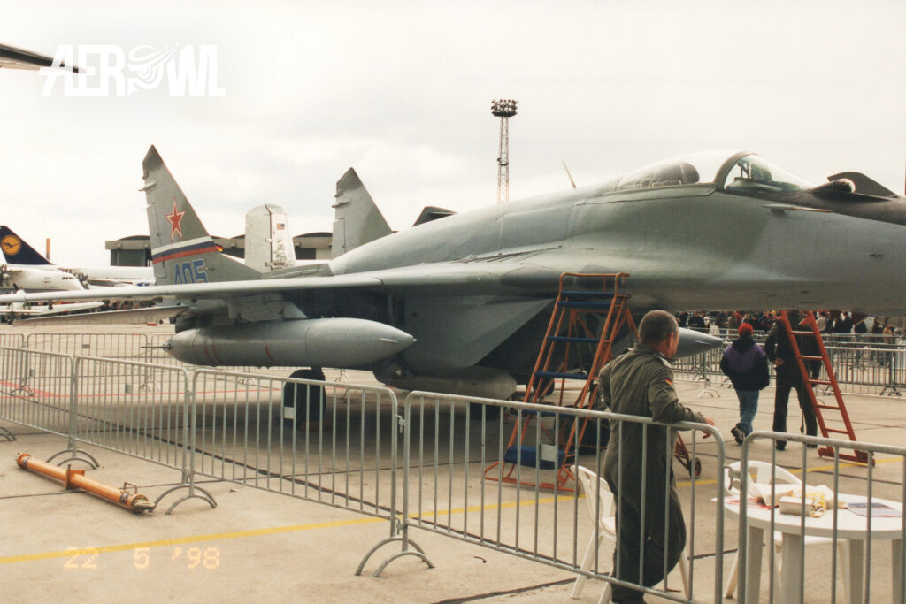 A Russian MiG-29 on static display during ILA 1998 in Berlin-Schönefeld.