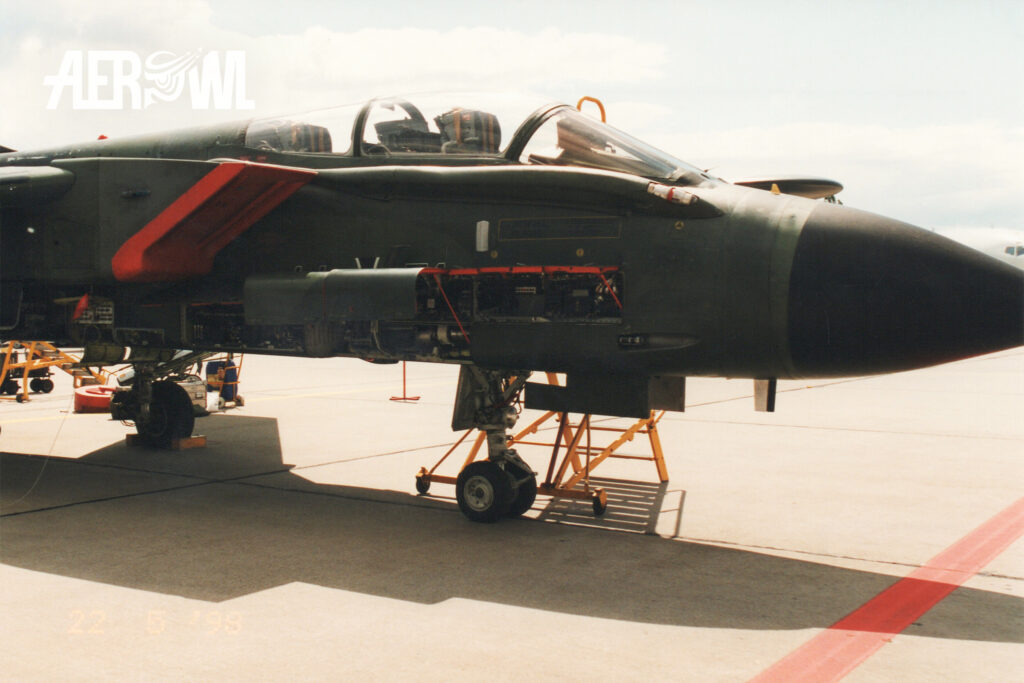 A German Air Force Tornado IDS offers a glimpse of its Mauser BK-27 27 mm internal cannon during ILA 1998 in Berlin-Schönefeld.